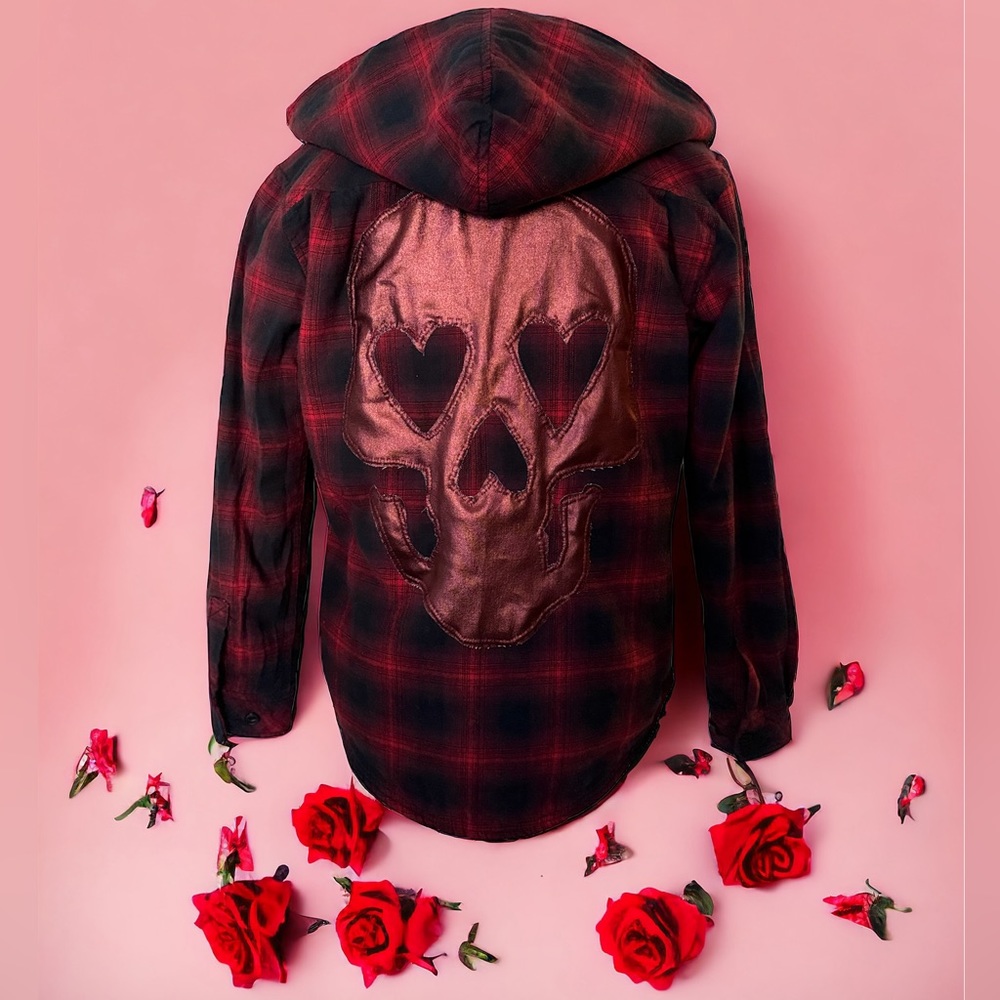 Upcycled red flannel jacket heart skull Valentine’s Day top